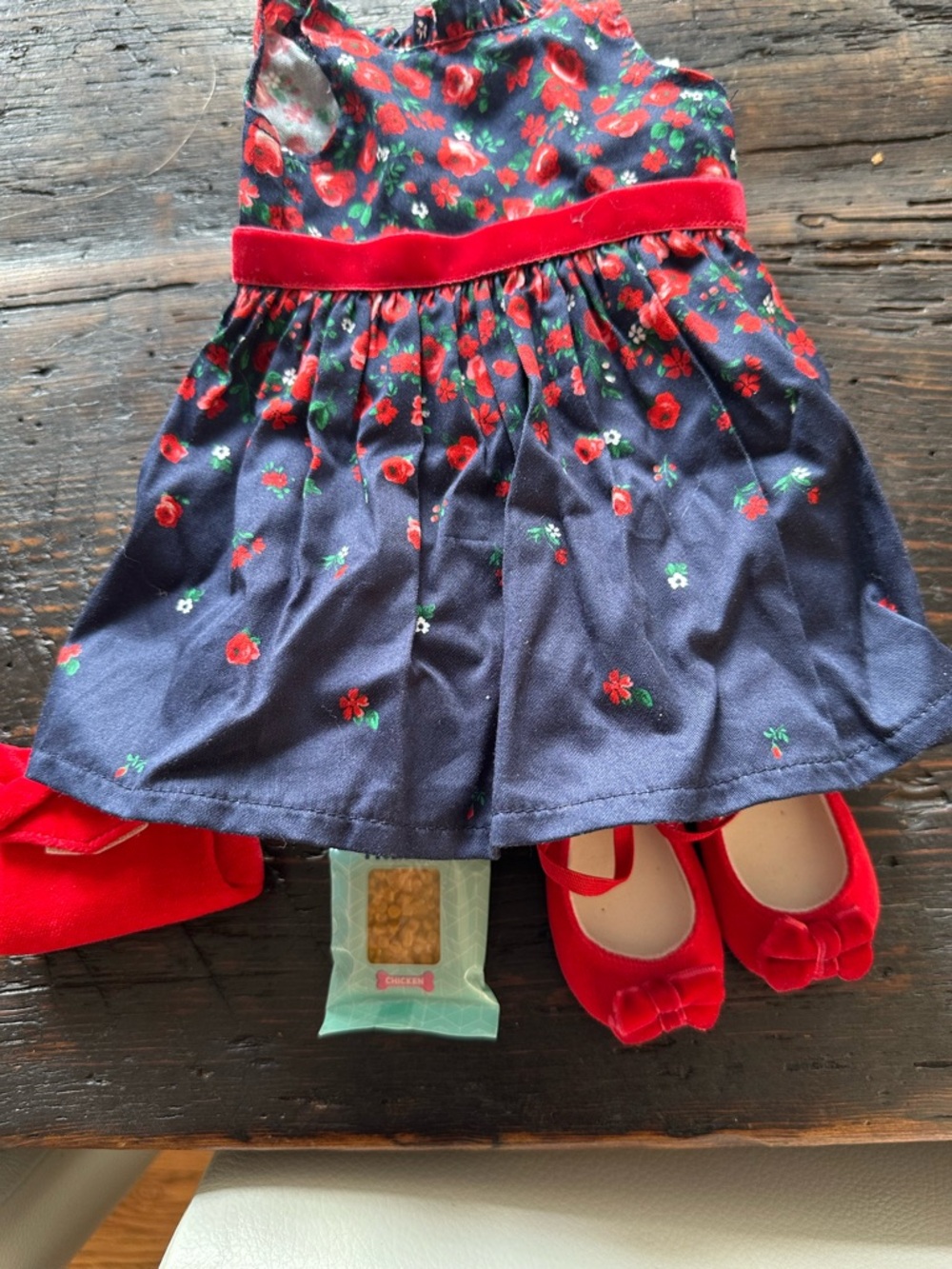 American Girl Navy Dress with Red Accents and Accessories